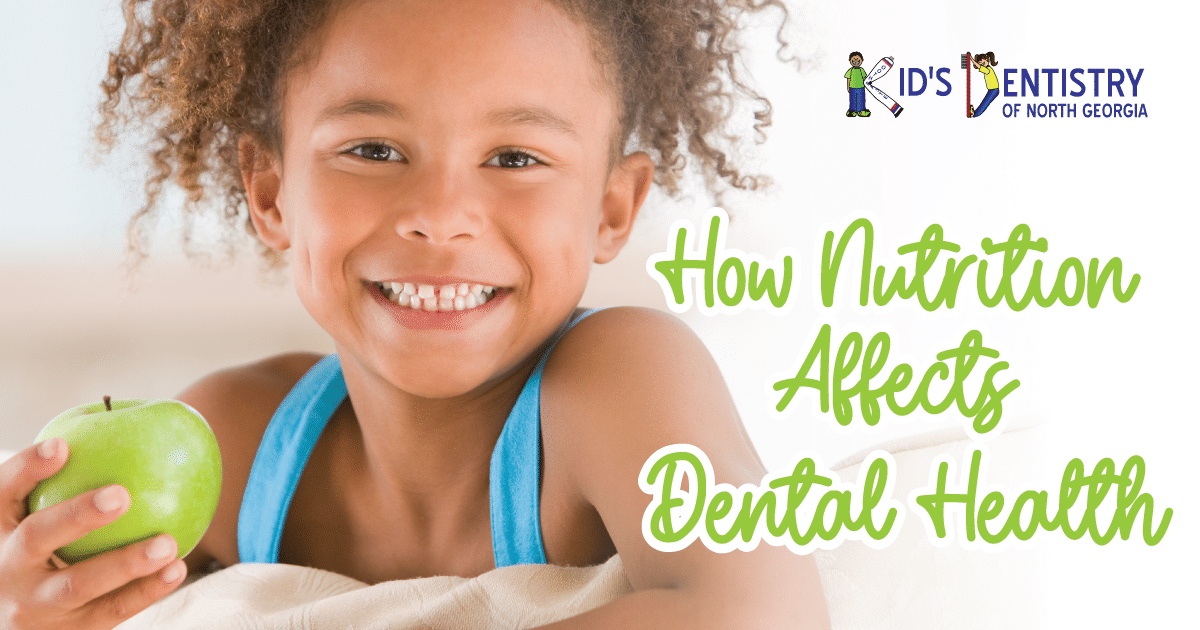 A young girls smiles and holds a green apple with text superimposed reading "How Nutrition Affects Dental Health"